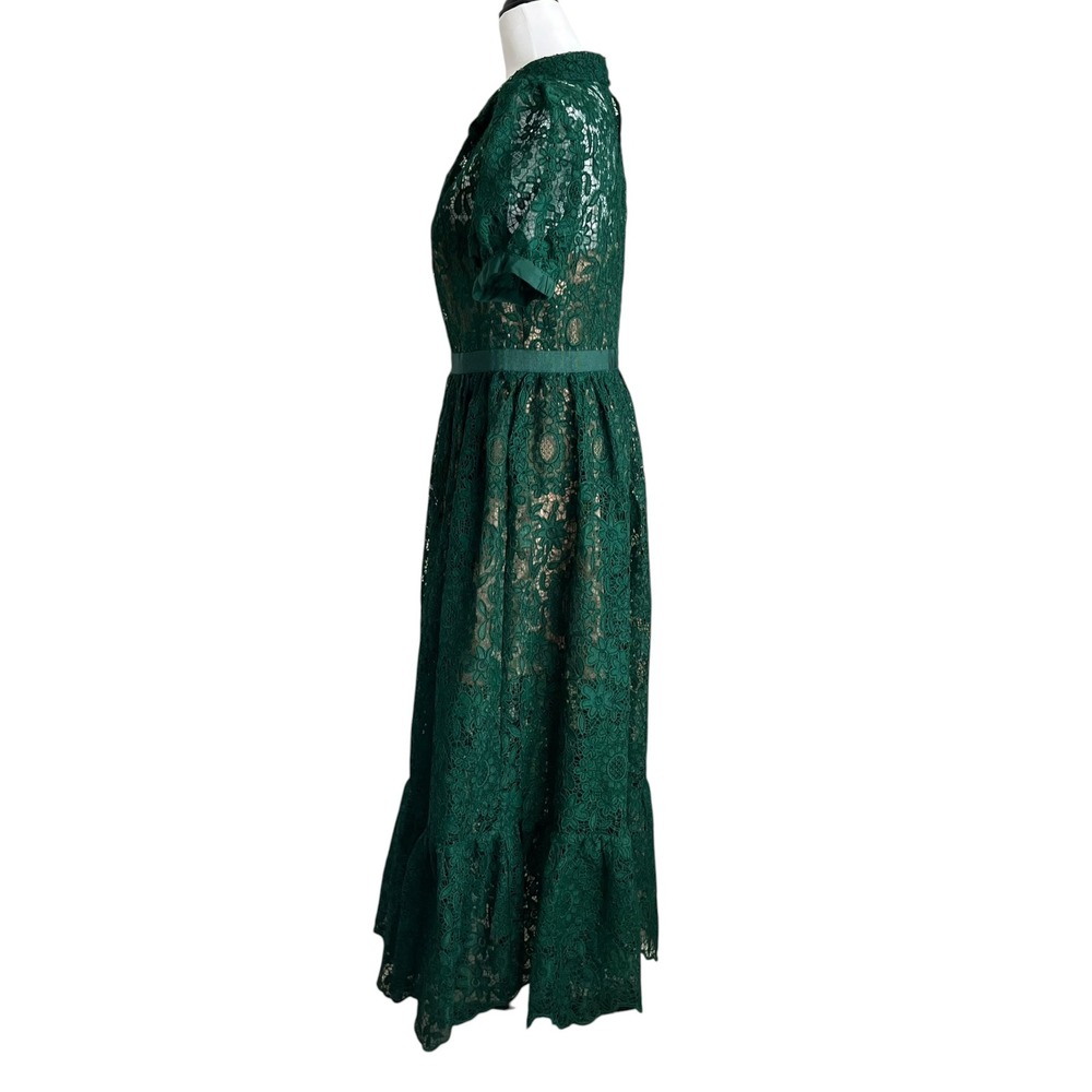 Self-Portrait Green Guipure Lace Midi Dress Women's US 10 Puff Sleeve Formal - Picture 5 of 9